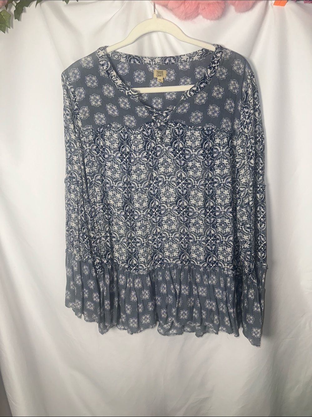True Craft Blue Patterned Long-Sleeve Tunic Top